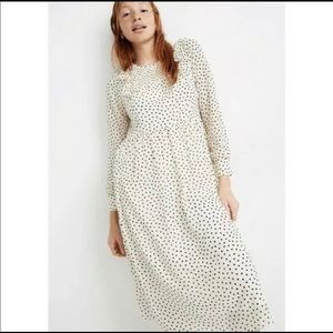 Madewell Smocked Ruffle-Shoulder Midi Dress Inkbrush Polka Dots Cream Medium EUC